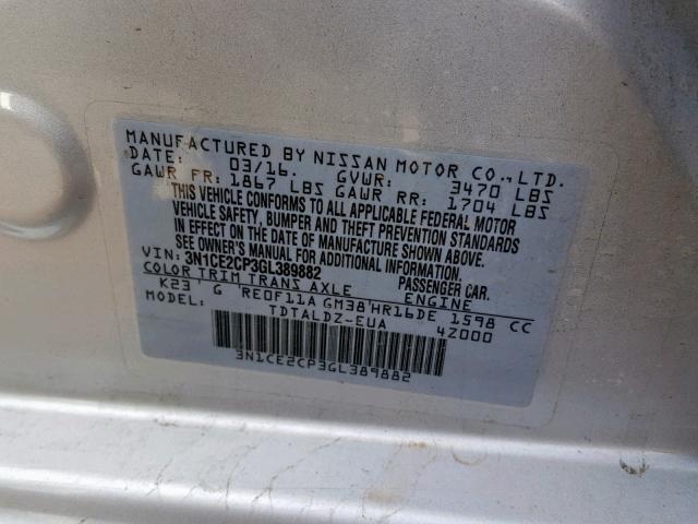 3N1CE2CP3GL389882 - 2016 NISSAN VERSA NOTE SILVER photo 10