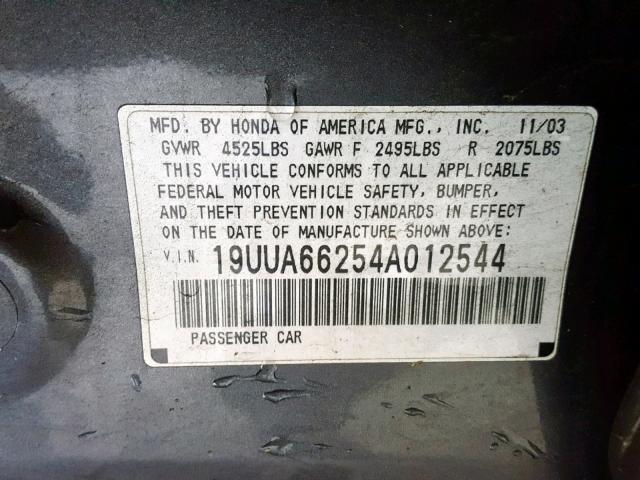 19UUA66254A012544 - 2004 ACURA TL GRAY photo 10