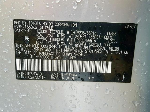 JTLKE50E081015935 - 2008 TOYOTA SCION XB Күміс фото 10