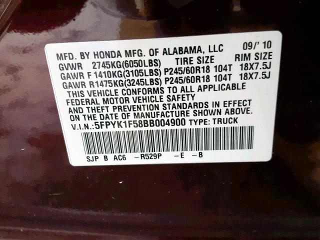 5FPYK1F58BB004900 - 2011 HONDA RIDGELINE BURGUNDY photo 10