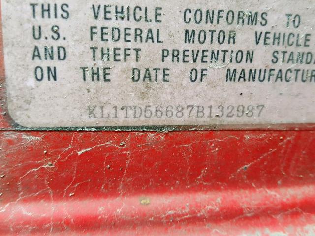 KL1TD56687B132987 - 2007 CHEVROLET AVEO BASE Қызыл фото 10