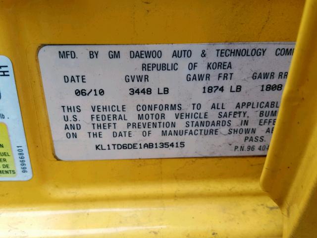 KL1TD6DE1AB135415 - 2010 CHEVROLET AVEO LS YELLOW photo 10