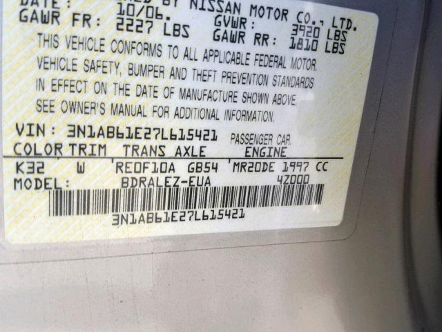 3N1AB61E27L615421 - 2007 NISSAN SENTRA 2.0 SILVER photo 10