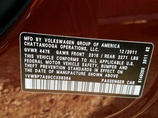 1VWBP7A39CC038364 - 2012 VOLKSWAGEN PASSAT SE MAROON photo 10