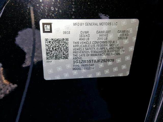 1G1ZB5ST0JF292939 - 2018 CHEVROLET MALIBU LS BLACK photo 10