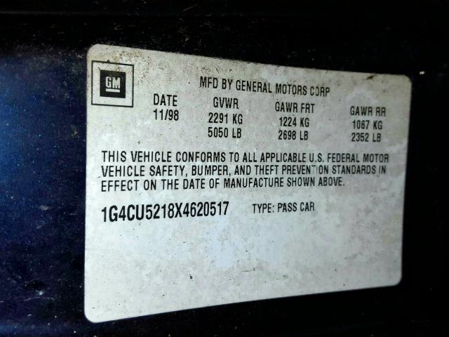 1G4CU5218X4620517 - 1999 BUICK PARK AVENU BLUE photo 10