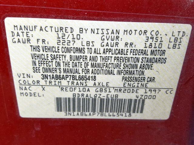 3N1AB6AP7BL665418 - 2011 NISSAN SENTRA 2.0 RED photo 10