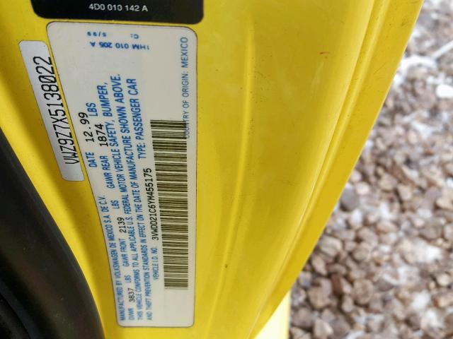 3VWDD21C6YM455175 - 2000 VOLKSWAGEN NEW BEETLE YELLOW photo 10