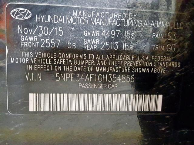 5NPE34AF1GH354856 - 2016 HYUNDAI SONATA SPO BLACK photo 10