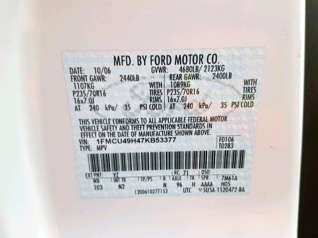 1FMCU49H47KB53377 - 2007 FORD ESCAPE HEV WHITE photo 10