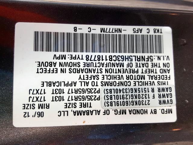 5FNRL5H63CB118778 - 2012 HONDA ODYSSEY EXL  photo 10