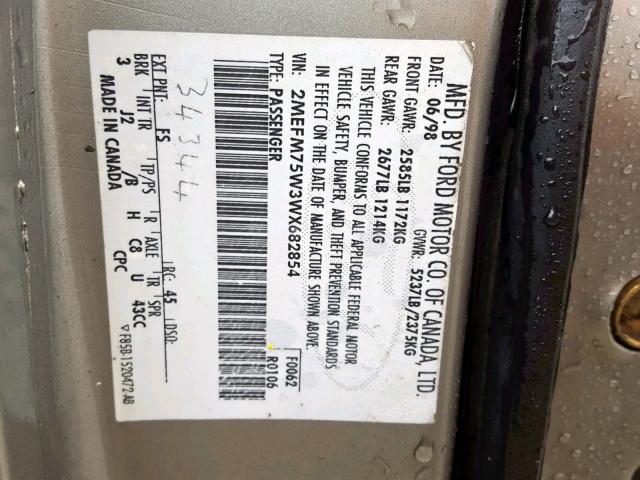 2MEFM75W3WX682854 - 1998 MERCURY GRAND MARQ GRAY photo 10