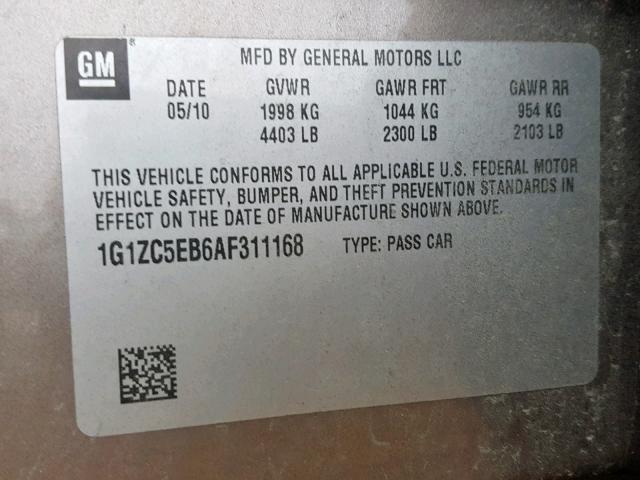 1G1ZC5EB6AF311168 - 2010 CHEVROLET MALIBU 1LT BROWN photo 10