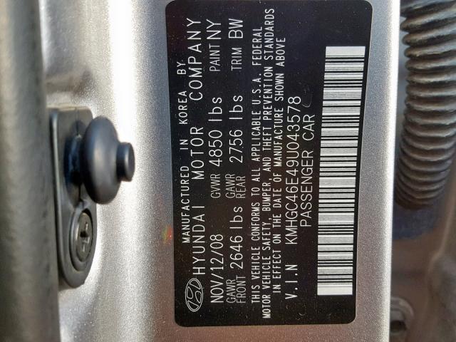 KMHGC46E49U043578 - 2009 HYUNDAI GENESIS 3. SILVER photo 10