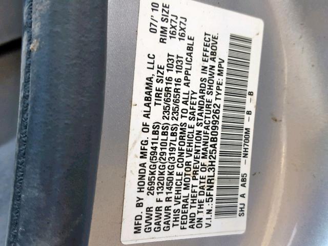 5FNRL3H25AB099262 - 2010 HONDA ODYSSEY LX SILVER photo 10