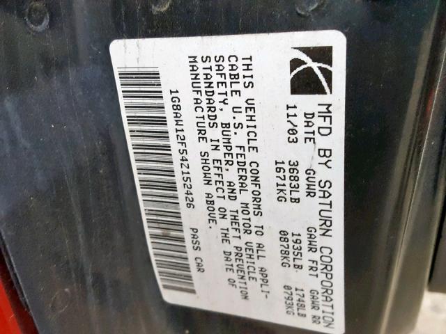 1G8AW12F54Z152426 - 2004 SATURN ION LEVEL RED photo 10