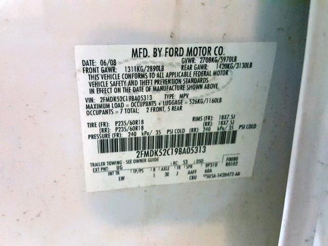 2FMDK52C19BA05313 - 2009 FORD FLEX SEL Սպիտակ լուսանկար 10