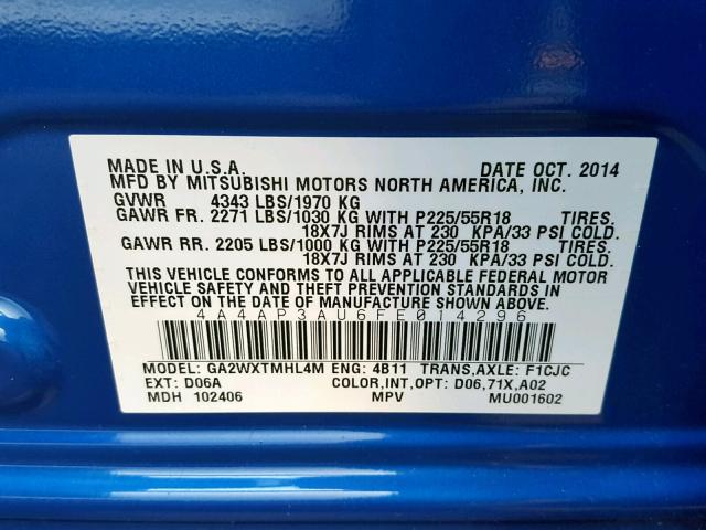 4A4AP3AU6FE014296 - 2015 MITSUBISHI OUTLANDER BLUE photo 10