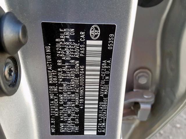 4T1B11HK5JU007646 - 2018 TOYOTA CAMRY SILVER photo 10