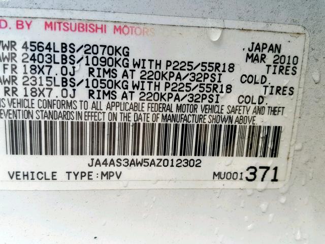 JA4AS3AW5AZ012302 - 2010 MITSUBISHI OUTLANDER WHITE photo 10