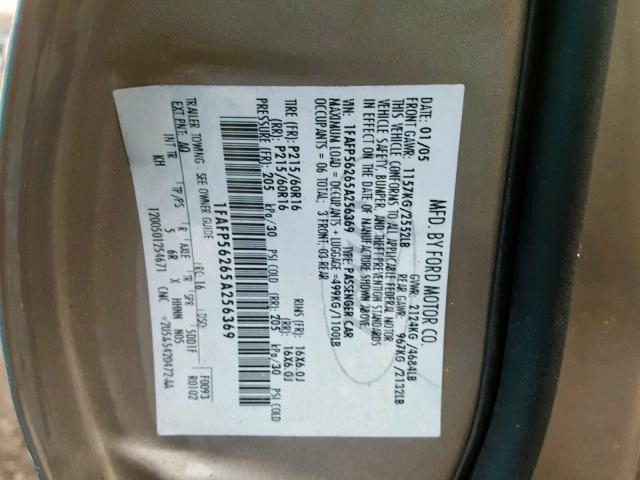 1FAFP56265A256369 - 2005 FORD TAURUS SEL BEIGE photo 10