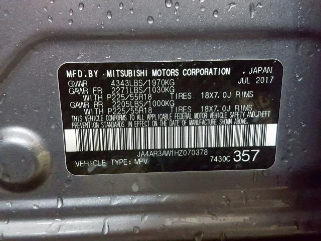 JA4AR3AW1HZ070378 - 2017 MITSUBISHI OUTLANDER GRAY photo 10