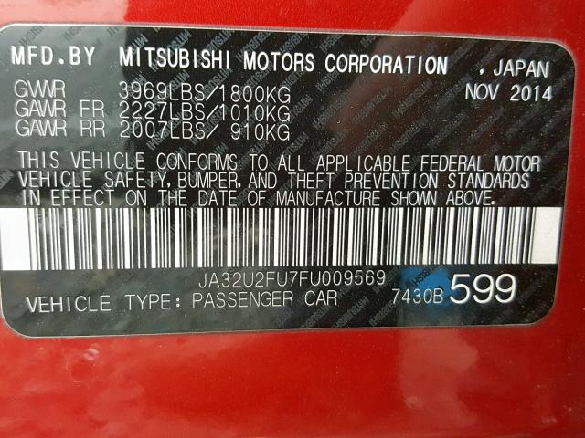 JA32U2FU7FU009569 - 2015 MITSUBISHI LANCER ES RED photo 10