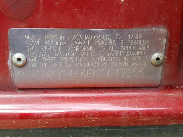 JH4KA4660KC019253 - 1989 ACURA LEGEND LL BURGUNDY photo 10