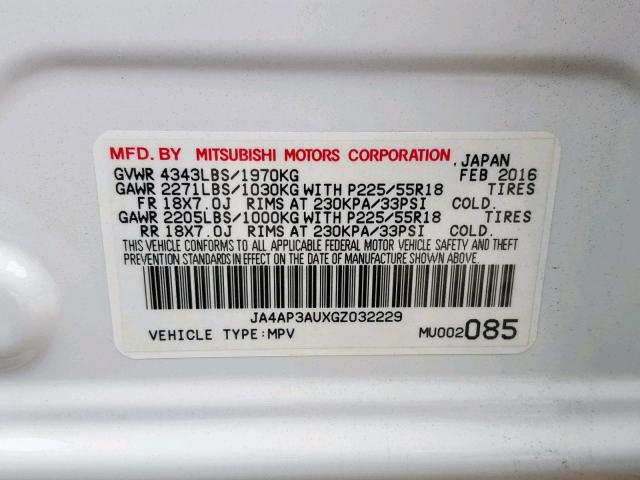 JA4AP3AUXGZ032229 - 2016 MITSUBISHI OUTLANDER WHITE photo 10