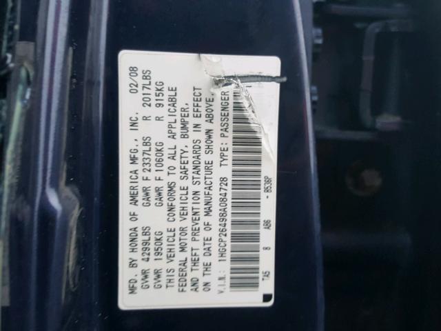 1HGCP26498A084728 - 2008 HONDA ACCORD LXP BLUE photo 10