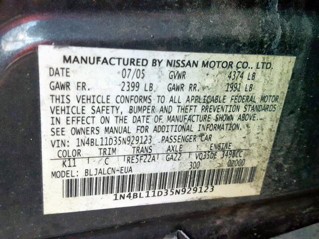 1N4BL11D35N929123 - 2005 NISSAN ALTIMA SE GRAY photo 10