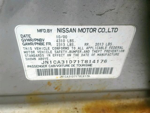 JN1CA31D71T814176 - 2001 NISSAN MAXIMA GXE GRAY photo 10