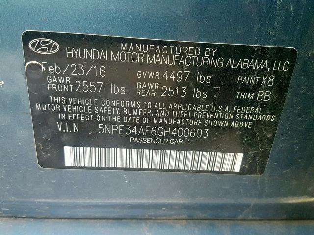 5NPE34AF6GH400603 - 2016 HYUNDAI SONATA SPO BLUE photo 10