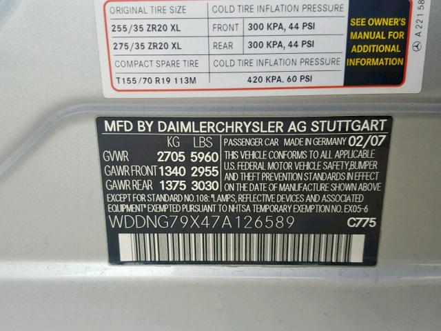 WDDNG79X47A126589 - 2007 MERCEDES-BENZ S 65 AMG SILVER photo 10