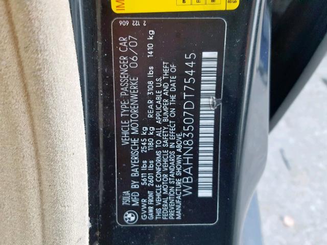 WBAHN83507DT75445 - 2007 BMW 750 BLACK photo 10