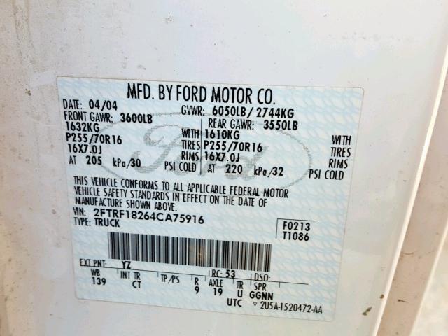 2FTRF18264CA75916 - 2004 FORD F-150 HERI WHITE photo 10