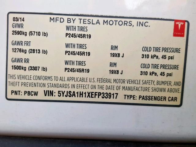 5YJSA1H1XEFP33917 - 2014 TESLA MODEL S WHITE photo 10