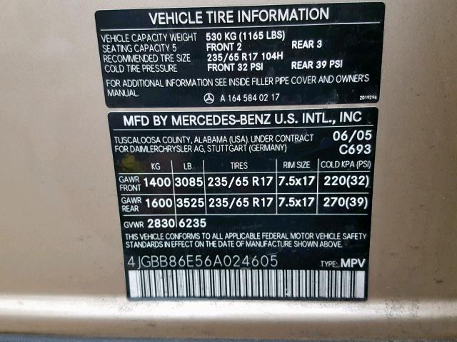 4JGBB86E56A024605 - 2006 MERCEDES-BENZ ML 350 GOLD photo 10