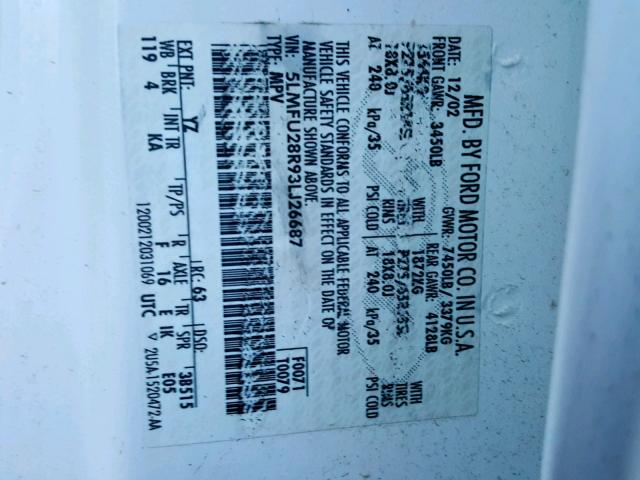 5LMFU28R93LJ26687 - 2003 LINCOLN NAVIGATOR 白色 照片 10