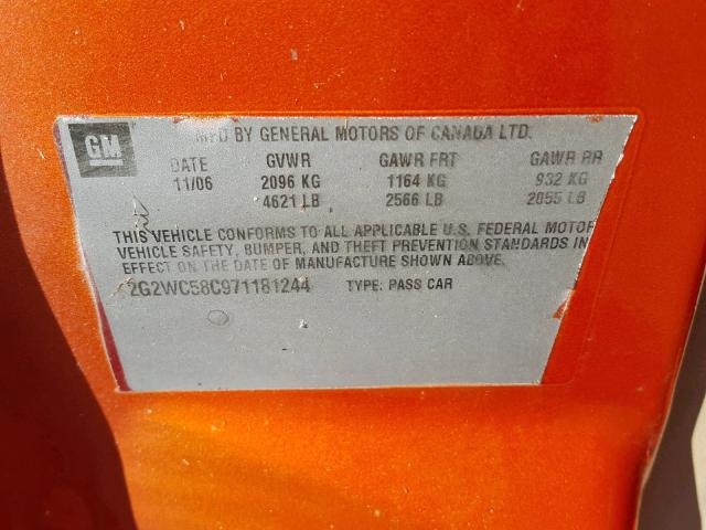 2G2WC58C971181244 - 2007 PONTIAC GRAND PRIX ORANGE photo 10