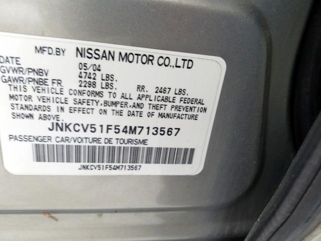 JNKCV51F54M713567 - 2004 INFINITI G35 SILVER photo 10