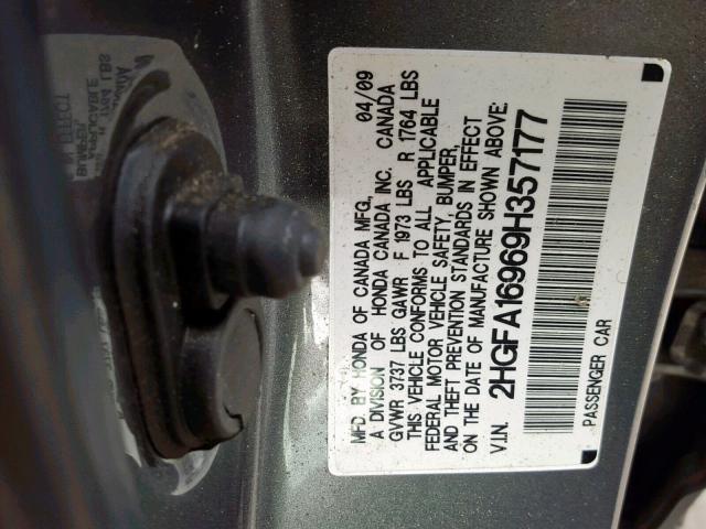 2HGFA16969H357177 - 2009 HONDA CIVIC EXL GRAY photo 10