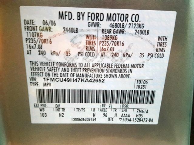 1FMCU49H47KA42652 - 2007 FORD ESCAPE HEV GREEN photo 10