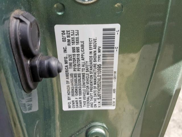 5J6YH28524L010695 - 2004 HONDA ELEMENT EX GREEN photo 10