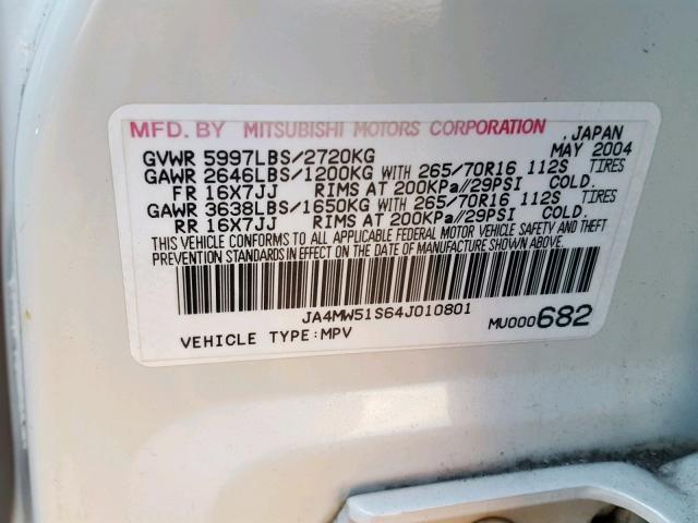 JA4MW51S64J010801 - 2004 MITSUBISHI MONTERO LI WHITE photo 10