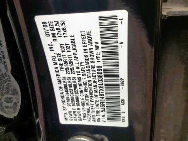 5J6RE487X8L038096 - 2008 HONDA CR-V EXL BLACK photo 10