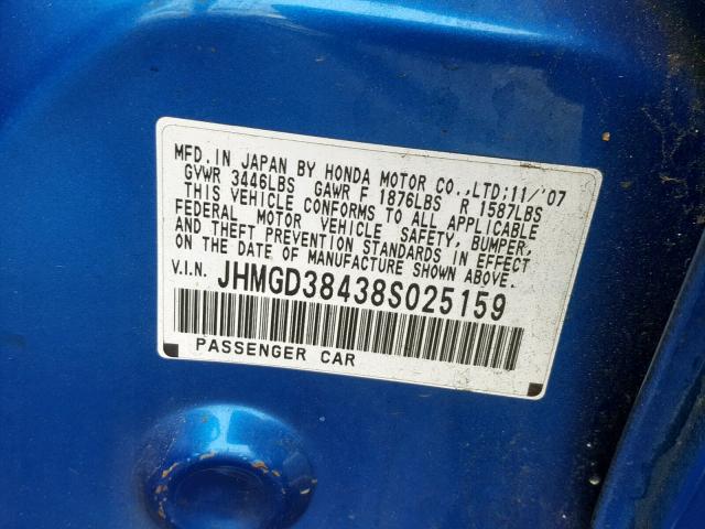 JHMGD38438S025159 - 2008 HONDA FIT BLUE photo 10