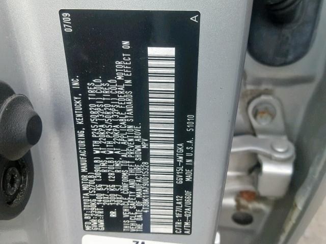 4T3BK11A79U015328 - 2009 TOYOTA VENZA BASE SILVER photo 10