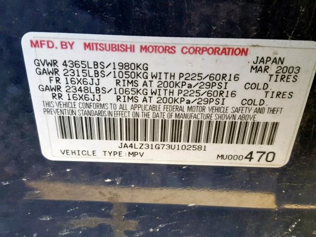 JA4LZ31G73U102581 - 2003 MITSUBISHI OUTLANDER BLUE photo 10