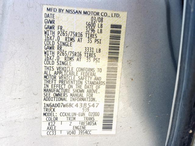 1N6AD07W68C438547 - 2008 NISSAN FRONTIER C SILVER photo 10